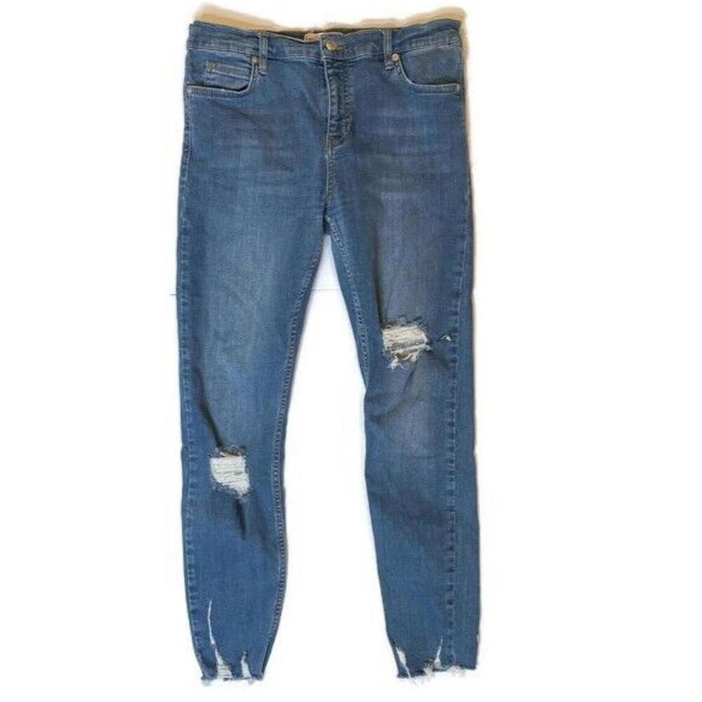 Free People Jeans Womens Blue Ankle Skinny Distressed Raw Hem Medium Wash 29R - Picture 2 of 9
